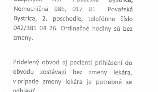 Presťahovanie ambulanciu MUDr. Dany Jurčíkovej do priestorov NsP Považská Bystrica 