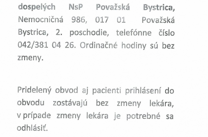 Presťahovanie ambulanciu MUDr. Dany Jurčíkovej do priestorov NsP Považská Bystrica