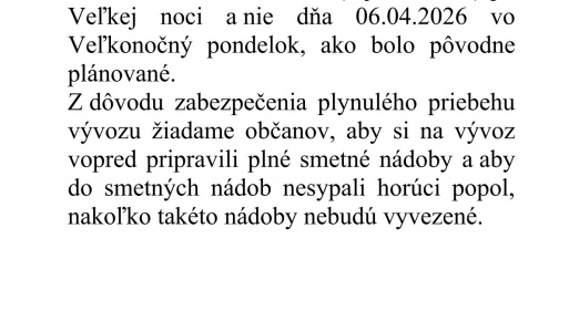 Zmena vývozu komunálneho odpadu v obci rok 2026 