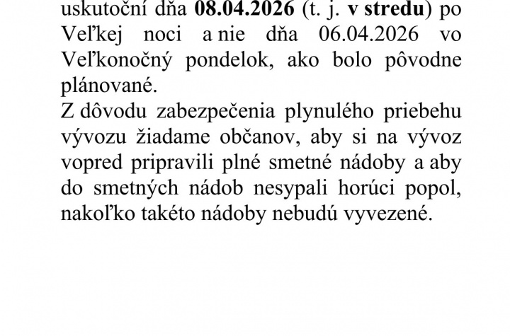 Zmena vývozu komunálneho odpadu v obci rok 2026