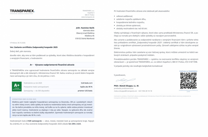 Certifikát . Zodpovedný hospodár 2025