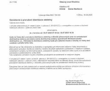 Prerušenie dodávky el. energie Júl 2025