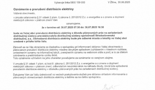 Prerušenie dodávky el. energie Júl 2025 