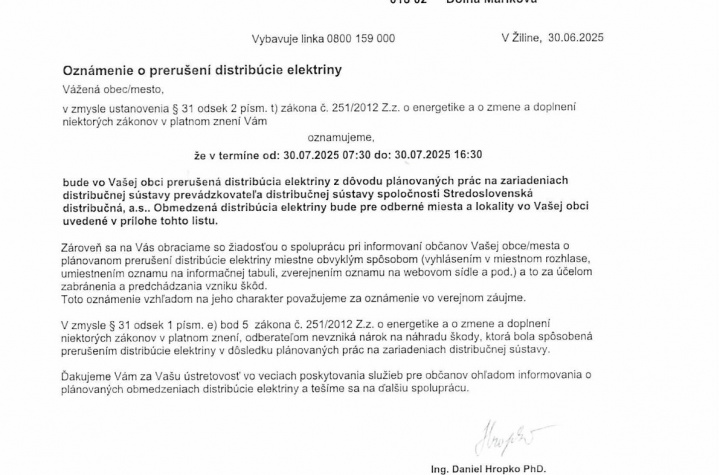 Prerušenie dodávky el. energie Júl 2025