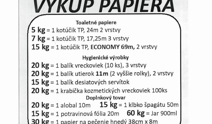 Oznámenie o výkupe papiera v obci dňa 24.03.2025 (pondelok) od 15.40 hod. do 15.50 hod..