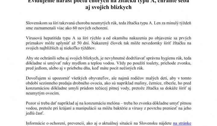 Upozornenie Úradu verejného zdravotníctva SR na nárast počtu chorých na žltačku typu A