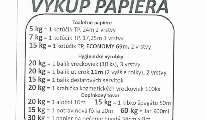 Oznámenie o výkupe papiera v obci dňa 06.10.2025 (pondelok) od 15.40 hod. do 15.50 hod.. 
