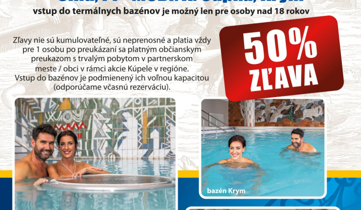 KÚPELE V REGIÓNE – poskytovanie 50% zľavy z cien vstupov do vnútorných termálnych bazénov SINA, PI - bazén MUDr. A. Čapka a KRYM v období od 01.12.2025 do 28.02.2026 pre občanov s trvalým pobytom v obci Klieština. 
