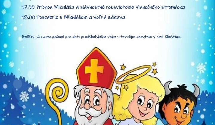 Stretnutie s Mikulášom dňa 06.12.2025 (sobota) o 17.00 hod. v Kultúrnom dome v Klieštine
