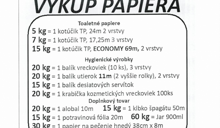 Oznámenie o výkupe papiera dňa 18.02.2026 (streda) v čase od 15.40 hod. do 15.50 hod. pred obecným úradom