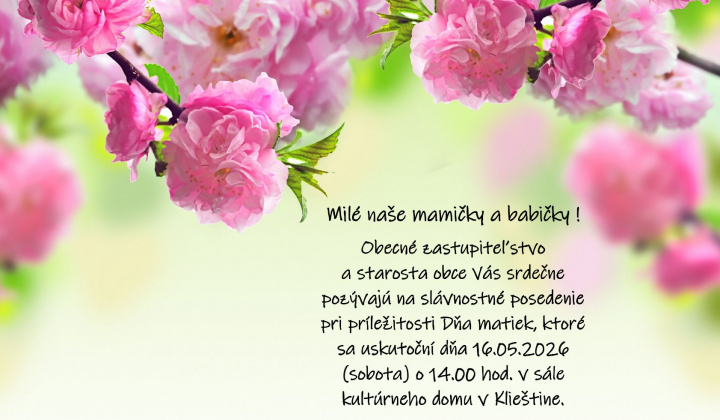 Deň matiek dňa 16.05.2026 (sobota) o 14.00 hod. v sále kultúrneho domu.
