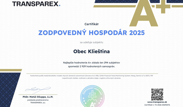 Obec KLIEŠTINA získala ocenenie Zodpovedný hospodár 2025